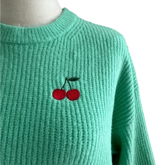 Target Crewneck Sweater A New Day Green Red Cherries Embroidered Size Medium - Picture 3 of 9
